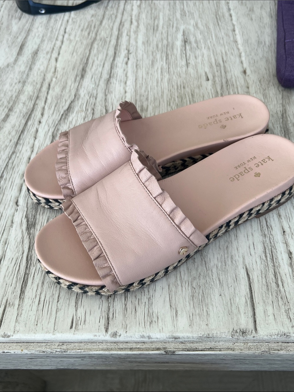 kate spade Blush Pink Ruffle Leather Slide Mules